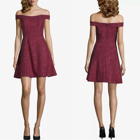 Betsy & Adam's Off-The-Shoulder Glitter Formal Wedding Prom Homecoming Red Dress - Picture 1 of 10